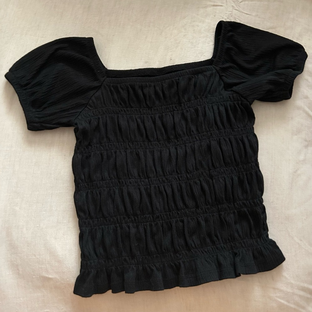 Black Smocked Puff Sleeve Top